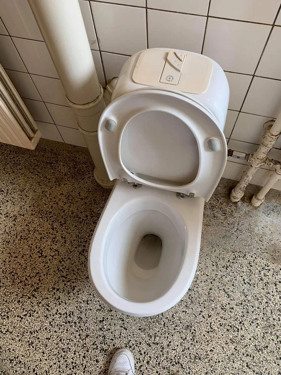 Toilet efter afkalkning — porcelænet rent og hvidt på terrazzogulv