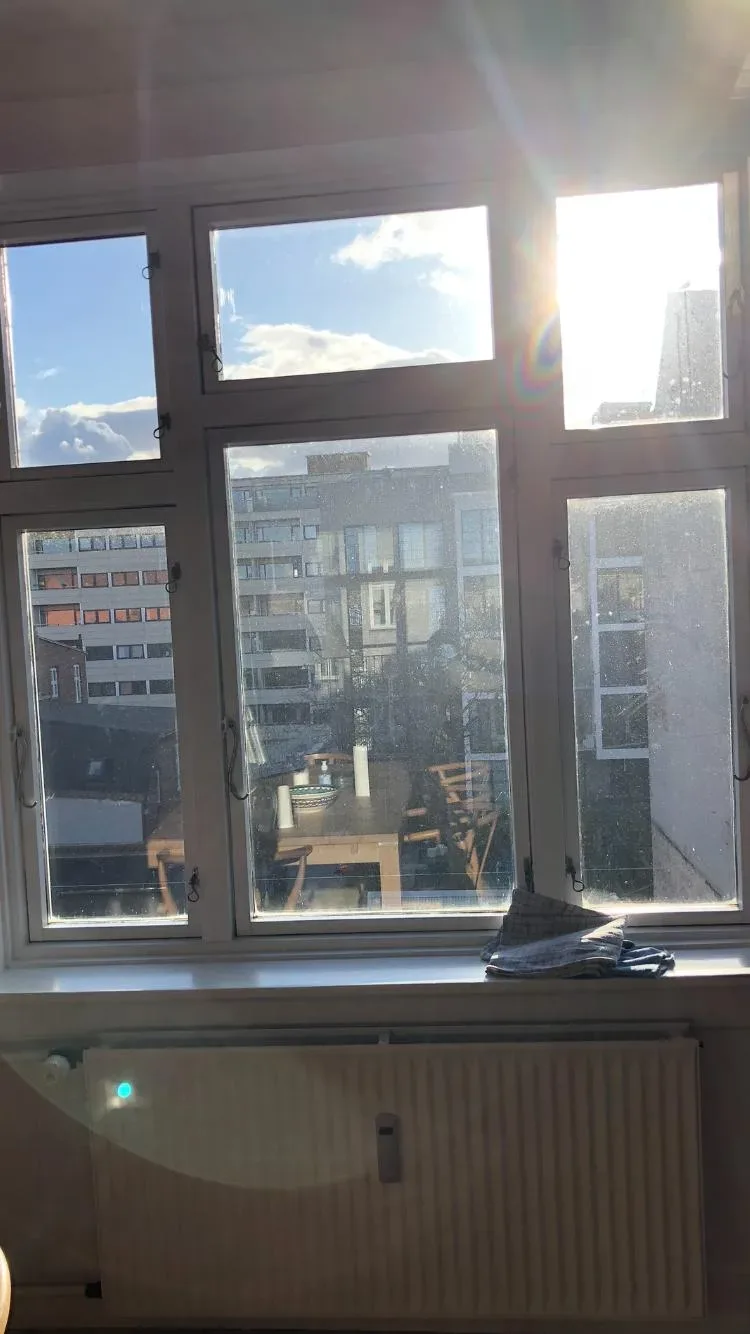 Snavset vindue med fingerpletter og vandpletter, sollys spreder sig som lensflares før pudsning