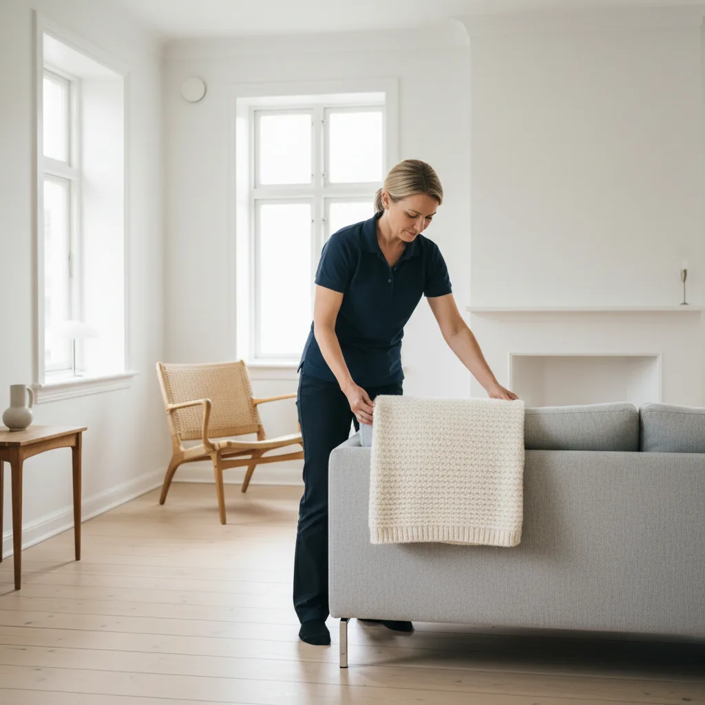 En rengøringsassistent fra Fokus Rengøring sætter forsigtigt en vase tilbage på en hylde i kundens hjem