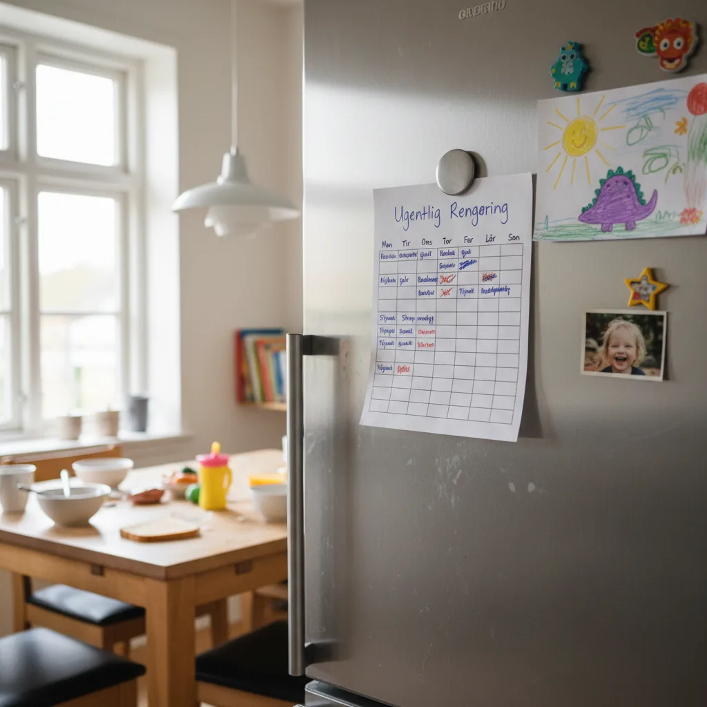 Et ugentligt rengøringsskema sat fast på et køleskab i et dansk familiekøkken
