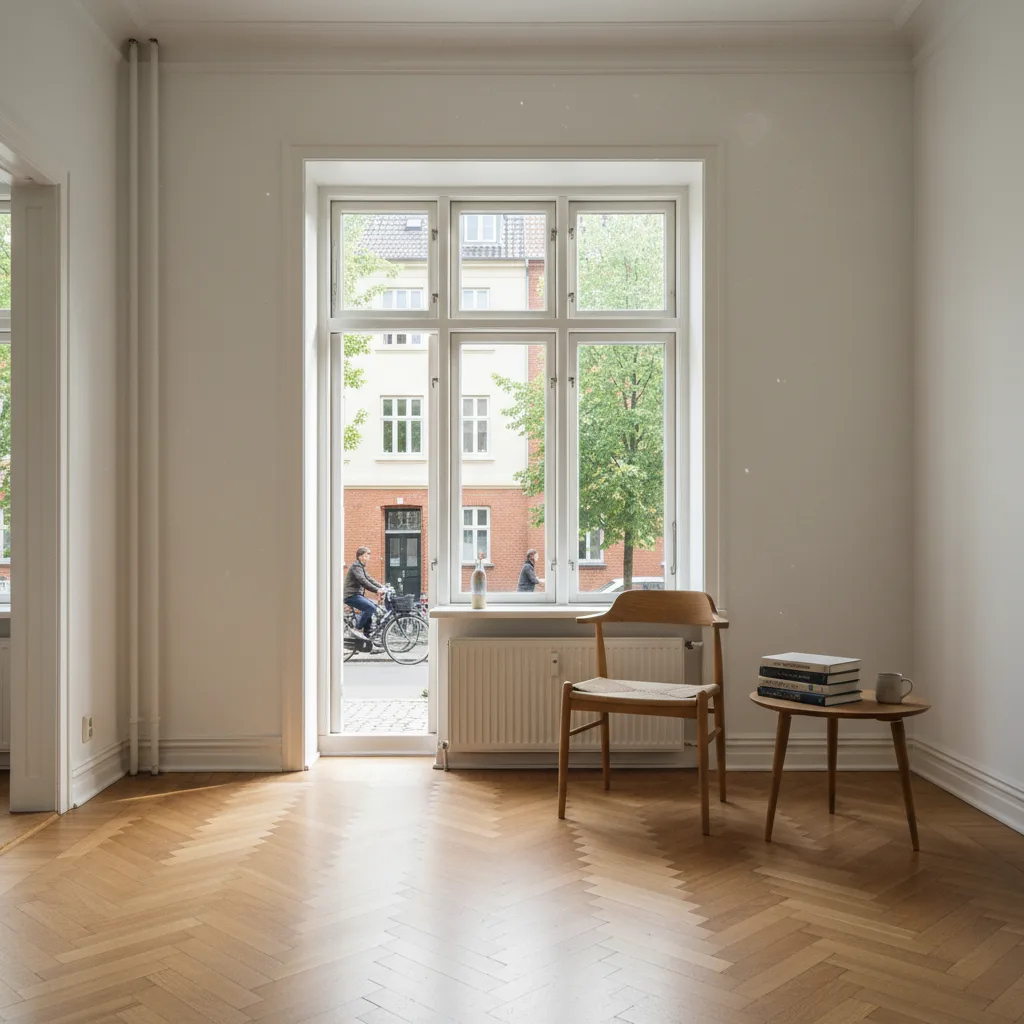 Nørrebro-lejlighed med fiskebensparket og udsigt til klassisk karré-byggeri