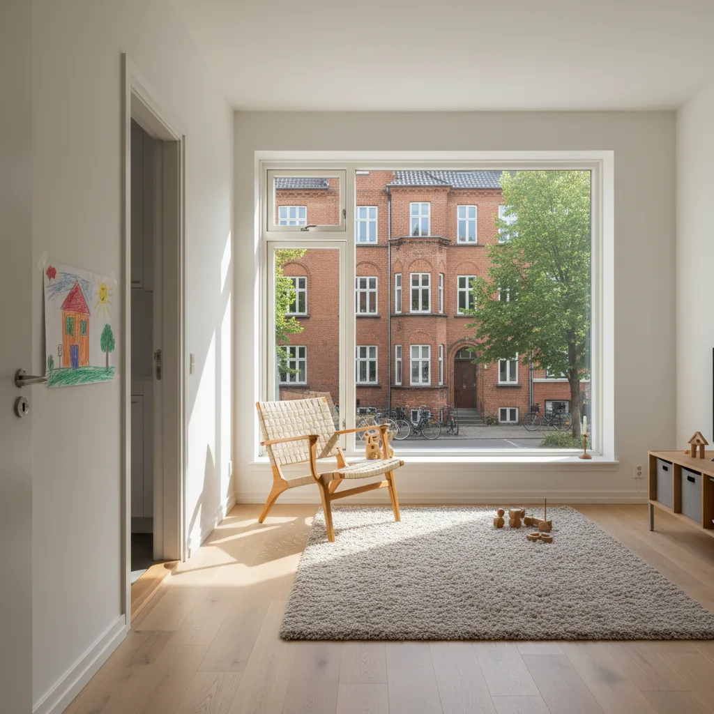 Familievenlig Østerbro-lejlighed med udsigt til klassisk rødstensbyggeri