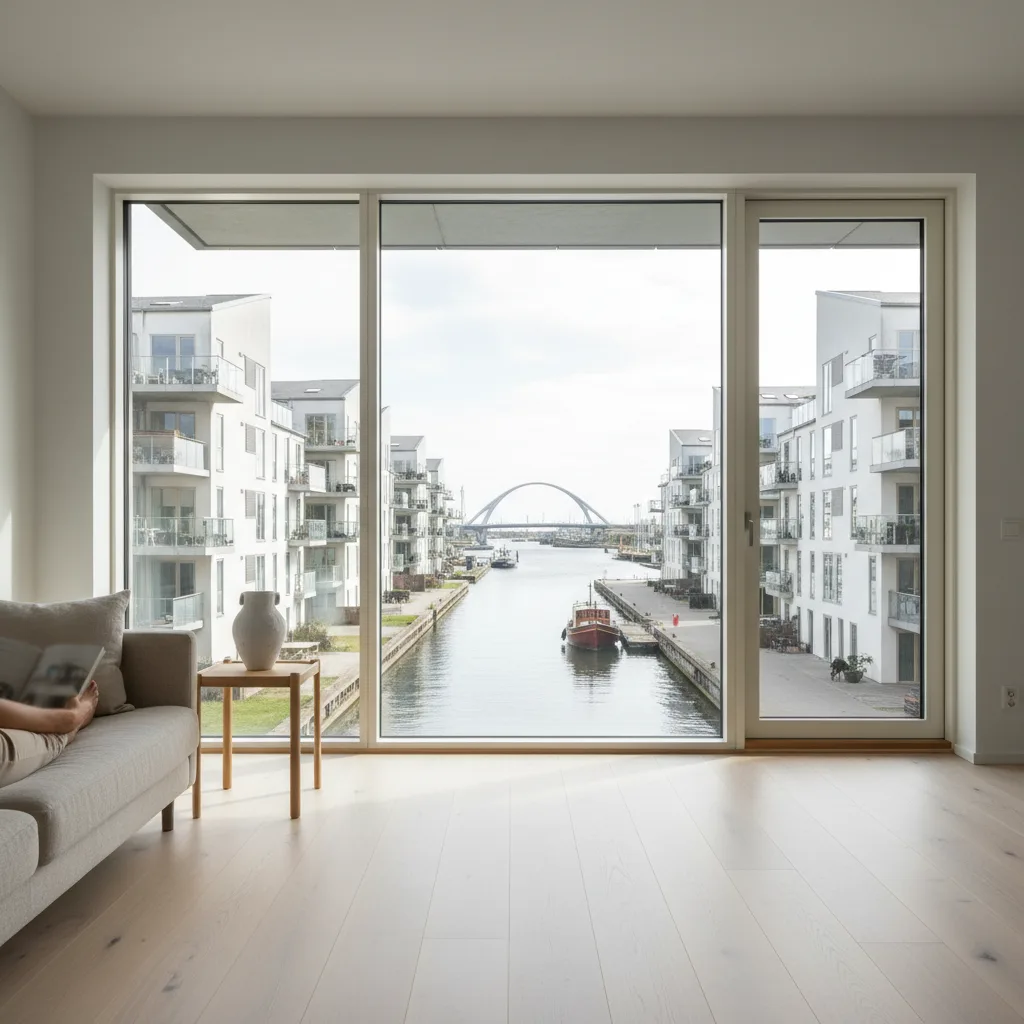 Moderne lejlighed i Sydhavnen med udsigt til kanalen og nyere boligbebyggelse